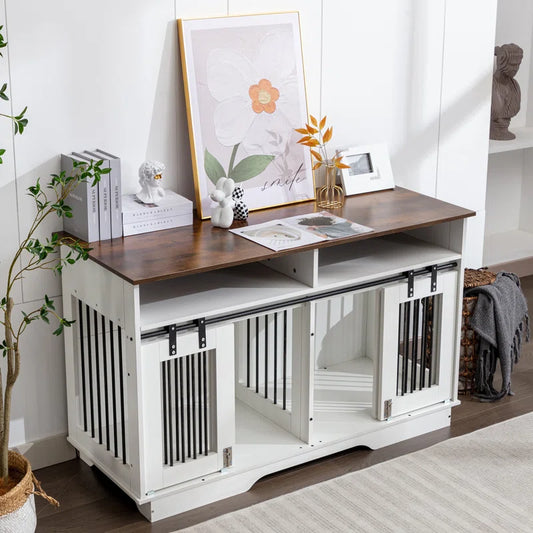55" Wooden Dog Furniture End Table with Large Drawers -2-In-1 Furniture Style Dog Crate