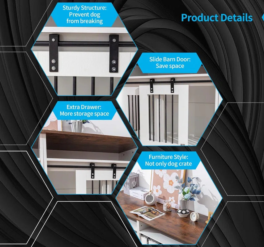 55" Wooden Dog Furniture End Table with Large Drawers -2-In-1 Furniture Style Dog Crate