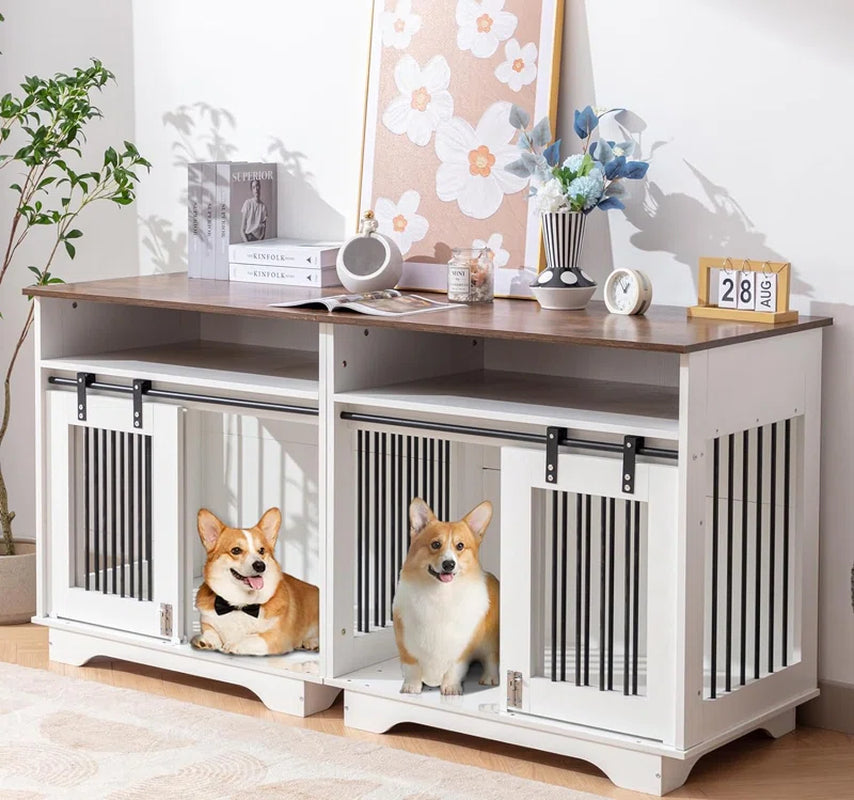 55" Wooden Dog Furniture End Table with Large Drawers -2-In-1 Furniture Style Dog Crate