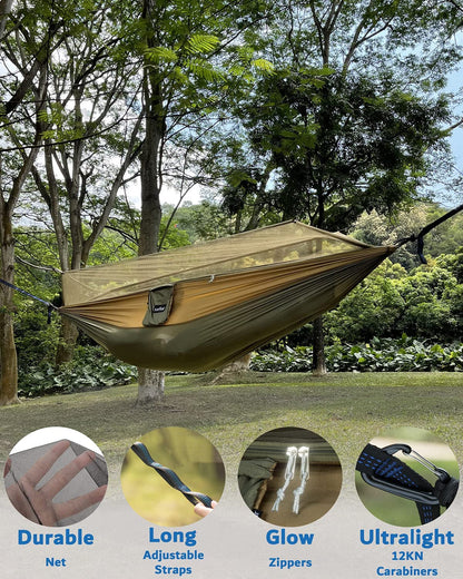 Camping Hammock, Portable Double Hammock with Net, 2 Person Hammock Tent with 2 * 10Ft Straps, Best for Outdoor Hiking Survival Travel